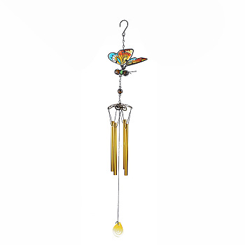Iron 3D Butterfly Wind Chime Pendant Decorations, with Glass, Yellow, 750mm