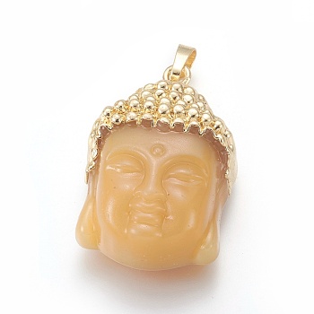 Glass Pendants, with Brass Findings, Buddha Head, Golden, Wheat, 40x26.5x16.5mm, Hole: 5x8mm