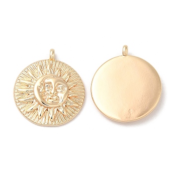 Brass Pendants, Nickel Free, Flat Round with Sun Charm, Real 18K Gold Plated, 16x14x2mm, Hole: 1mm