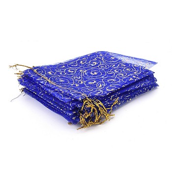 Organza Bags, Royal Blue, Golden Twisted Tendril Pattern, 14~15cmx19~20cm