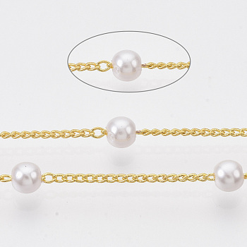 Handmade Brass Chains, with Round ABS Plastic Imitation Pearl Beads, Soldered, with Spool, Creamy White, Golden, 2x1.2x0.4mm, about 39.37 Feet(12m)/roll