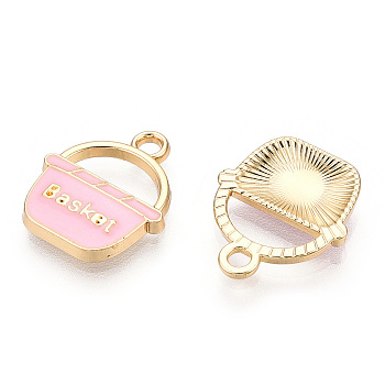 Alloy Pendants, with Enamel, Cadmium Free & Lead Free, Light Gold, Basket with Word, Pink, 17x14x2mm, Hole: 2mm