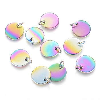 Ion Plating(IP) 304 Stainless Steel Charms, Stamping Blank Tag, with Jump Rings, Flat Round, Rainbow Color, 12x1mm, Hole: 3.5mm