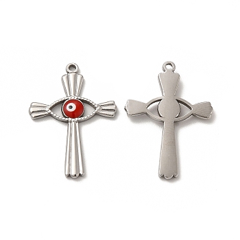 201 Stainless Steel Pendants, Cross with Enamel Evil Eye, Stainless Steel Color, 30x21.5x2.5mm, Hole: 1.5mm