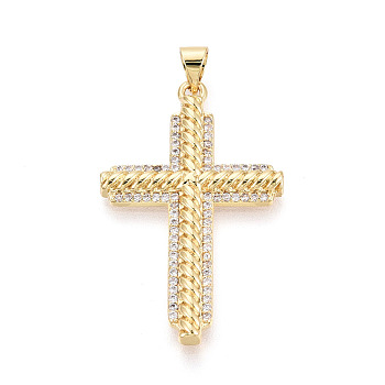 Brass Micro Pave Clear Cubic Zirconia Pendants, Cross Charms, Real 18K Gold Plated, 36x22.5x3mm, Hole: 3.5x5mm