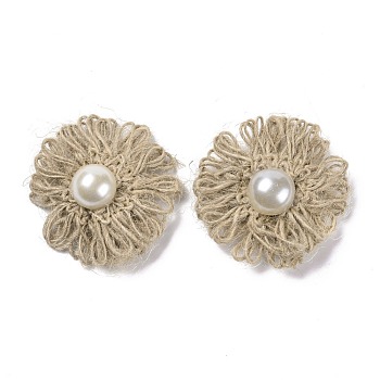 Handmade Linen Ornament Accessories, with Plastic Beads, for DIY Craft Making, Flower, Tan, 52x55x16mm