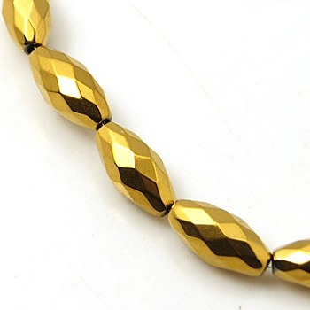 Non-magnetic Synthetic Hematite Beads Strands, Faceted, Rice, Golden Plated, 12x6mm, Hole: 1mm, about 34pcs/strand, 15 inch