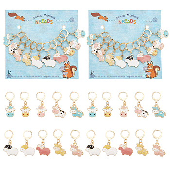 Alloy Enamel Sheep & Cattle Pendant Stitch Markers, Crochet Leverback Hoop Charms, Locking Stitch Marker with Wine Glass Charm Ring, Mixed Color, 3.3~3.5cm, 10 style, 1pc/style, 10pcs/set