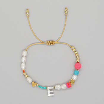 Initial Letter Natural Pearl Braided Bead Bracelet, Adjustable Bracelet, Letter E, 11 inch(28cm)