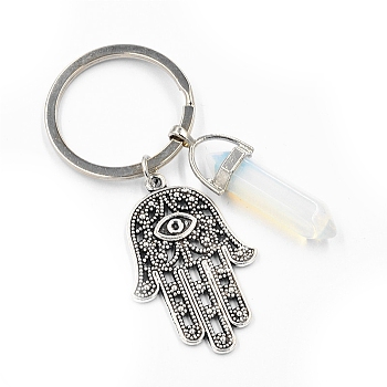 Opalite Pendant Keychains, with Alloy Pendants and Iron Rings, Bullet Shape with Hamsa Hand, 7.2cm