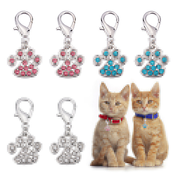 CHGCRAFT 6Pcs 3 Colors Alloy Rhinestone Pendant Decoration, Lobster Clasp Charms, Pet Charms, Paw Print, Mixed Color, 35mm, 2pcs/color