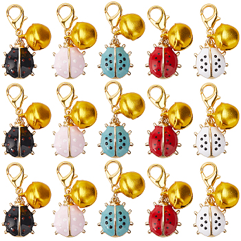 6 Sets Ladybird Alloy Enamel Pendants Decoraiton, with Bell Charm and Zinc Alloy Lobster Claw Clasps, Mixed Color, 32mm, 5pcs/set