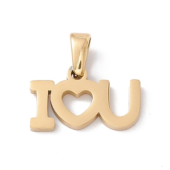 Vacuum Plating Valentine's Day 304 Stainless Steel Charms, Laser Cut, Word I LOVE YOU Charms, Golden, 10x16x1.5mm, Hole: 2.5x4.5mm
