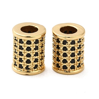 Rack Plating Brass Cubic Zirconia Beads, Long-Lasting Plated, Lead Free & Cadmium Free, Real 18K Gold Plated, Column, Black, 10x7.5mm, Hole: 3.8mm
