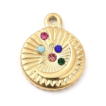 Colorful Rhinestone Pendants, Ion Plating(IP) 304 Stainless Steel Finding, Sun with Moon & Star, Golden, 18.5x15x3mm, Hole: 1.5mm