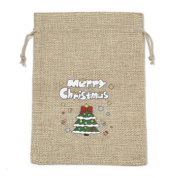 Christmas Printed Burlap Packing Pouches Drawstring Bags, Rectangle, Tan, Christmas Tree, 18x13x0.01cm