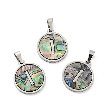 304 Stainless Steel with Paua Shell Pendants, Stainless Steel Color, Flat Round with Letter Charm, Letter.I, 18x16x1.5mm, Hole: 3x6mm