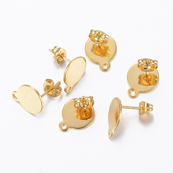 304 Stainless Steel Stud Earring Findings, with Loop and Flat Plate, Golden, 12x10x0.8mm, Hole: 1.2mm, Pin: 0.8mm