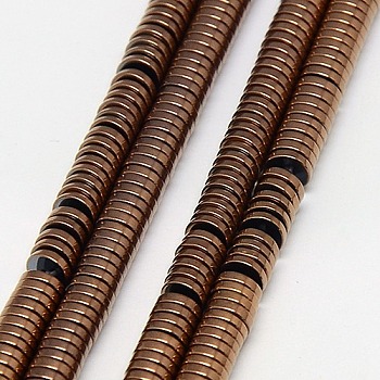 Electroplate Non-magnetic Synthetic Hematite Beads Strands, Heishi Beads, Flat Round/Disc, Grade A, Copper Plated, 2x1mm, Hole: 1mm, about 400pcs/strand, 16 inch
