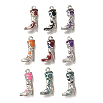 Brass Enamel Pendants, with Rhinestone, Platinum, Boot Charm, Mixed Color, 20x10.5x3mm, Hole: 1.5mm