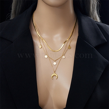304 Stainless Steel Cable & Flat Snake Chains 3 Layered Necklace(NJEW-C022-01G)-5