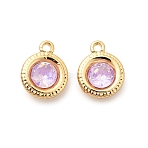Brass Glass Charms, Flat Round, Nickel Free, Real 18K Gold Plated, Faceted, Pearl Pink, 9x7.5x4mm, Hole: 1mm(KK-P340-11G-02)