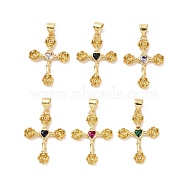 Cross with Flower Brass Micro Pave Cubic Zirconia Pendants, Cadmium Free & Nickel Free & Lead Free, Real 18K Gold Plated, Mixed Color, 25.5x18.5x3mm, Hole: 3.5x5mm(KK-G435-06G)