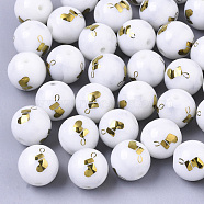 Christmas Opaque Glass Beads, Round with Electroplate Christmas Sock Pattern, Golden Plated, 10mm, Hole: 1.2mm(EGLA-R113-04C)