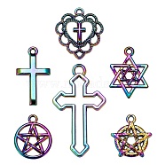 24Pcs 6 Style Rainbow Color Alloy Pendants, Cadmium Free & Nickel Free & Lead Free, Cross, Star of David, Ring, Heart with Cross, Pentacle, 19~38x14~22x1.5~3mm, Hole: 1.4~3mm, 4pcs/style(FIND-LS0001-15MC)