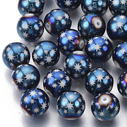 Christmas Electroplate Glass Beads, Round with Star Pattern, Blue Plated, 10mm, Hole: 1.2mm(EGLA-R113-07F)