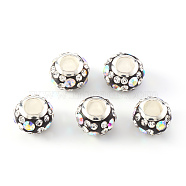 Handmade Polymer Clay Rhinestone European Beads, Large Hole Beads, with Brass Silver Color Core, Rondelle, Black, 11x7.5mm, Hole: 5mm(FPDL-S016-001F)