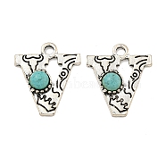 Synthetic Turquoise & Alloy Pendants, Letter Charms, Antique Silver, Letter V, 24.5x21x5mm, Hole: 3mm(PALLOY-H146-01AS-V)