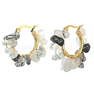Natural Tourmalinated Quartz Chips Braided Hoop Earrings, 304 Stainless Steel Wire Wrap Jewelry for Women, 25~27x28~33x7~9mm, Pin: 0.6mm(EJEW-JE04940-26)