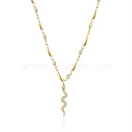 Snake Brass Micro Pave Cubic Zirconia Pendant Necklaces, with Brass Handmade Beaded Chains and 304 Stainless Steel Lobster Claw Clasps, Golden, 17.72 inch(45cm)(NJEW-PH01396)