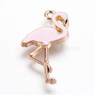 Alloy Enamel Pendants, Flamingo Shape, Pink, Light Gold, 26x14x2.5mm, Hole: 1mm(X-ENAM-G124-08B)