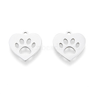 201 Stainless Steel Charms, Laser Cut Pendants, Heart with Dog Paw Prints , Stainless Steel Color, 15x15x1mm, Hole: 1.5mm(STAS-N090-LA993-1)