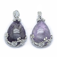 Natural Amethyst Pendants, with Alloy Findings, teardrop, Platinum, 40.5x28.5x10mm, Hole: 4.5x8mm(G-P393-B06)