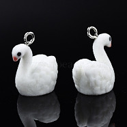 Flocky Resin Pendants, with Platinum Plated Iron Loops, Swan, White, 25x21x15mm, Hole: 2.5mm(RESI-N032-13)