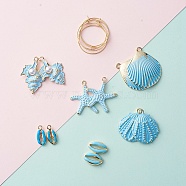 DIY Earring Making, 304 Stainless Steel Hoop Earrings, Spray Painted Alloy Pendants and Alloy Enamel Beads, Sky Blue, 25mm, Pin: 0.7mm, 12pcs/bag, Pendant: 17~35.5x8.5~29.5x3.5~7mm, 12pcs/bag(DIY-X0098-68C)