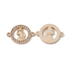 Alloy Connector Charms, with Crystal Rhinestones, Flat Round links with Saint, Religion, Golden, 18x24x2.2mm, Hole: 1.6mm(FIND-A024-24G)