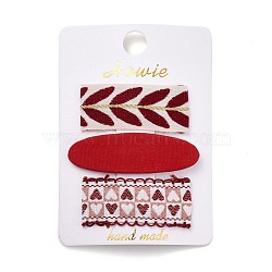 Cloth Snap Hair Clips Set, with Platinum Iron Snap Clips, Rectangle & Oval, with Heart & Leaf Pattern, Red, 59~70x21~24x2~5.5mm, 3pcs/set(PHAR-D010-01E)