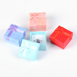 Valentines Day Presents Packages Cardboard Ring Boxes, with Satin Ribbons Bowknot outside, Square, Mixed Color, 41x41x26mm(CBOX-G003-08)