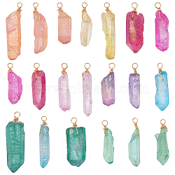20Pcs Electroplated Natural Quartz Crystal Pendants, Light Gold Plated Copper Wire Wrapped Faceted Nuggets Charms, Mixed Color, 30~45x8~15x5~8mm, Hole: 3.5mm(PALLOY-AB00141)