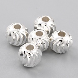 Brass Beads, Long-Lasting Plated, Corrugated Round, 925 Sterling Silver Plated, 7x6mm, Hole: 2mm(KK-O133-315F-S)