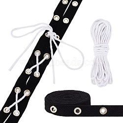 AHADERMAKER 5 Yard Cotton Herringbone Ribbon, Eyelet Twill Tape, for Clothing Accessories, with 10m Cotton String Threads, Black, 3/4 inch(20mm), Hole: 6mm(SRIB-GA0001-04B)