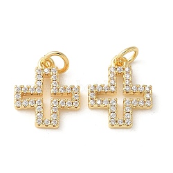 Brass Micro Pave Clear Cubic Zirconia Pendants, Cross Charms, Cadmium Free & Lead Free, Long-Lasting Plated, Rack Plating, with Jump Ring, Real 18K Gold Plated, 14x12x2mm, Hole: 2.5mm(KK-Q031-35G-01)