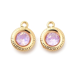 Brass Glass Charms, Flat Round, Nickel Free, Real 18K Gold Plated, Faceted, Pearl Pink, 9x7.5x4mm, Hole: 1mm(KK-P340-11G-02)