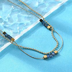 304 Stainless Steel & Cube Blue Glass Double Layer Necklaces for Women, Ion Plating(IP), Golden, 16.02 inch(40.7cm)(NJEW-A045-15G)