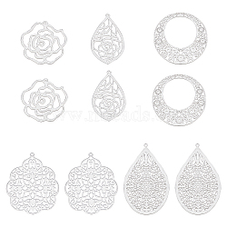 10Pcs 5 Style 304 Stainless Steel Big Filigree Pendants, Laser Cut, Stainless Steel Color, 34~63x24~45x0.4mm, Hole: 1~1.8mm, 2pcs/style(STAS-DC0004-24)