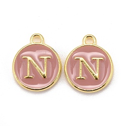 Golden Plated Alloy Enamel Charms, Cadmium Free & Lead Free, Enamelled Sequins, Flat Round with Letter, Pink, Letter.N, 14x12x2mm, Hole: 1.5mm(ENAM-S118-07N)